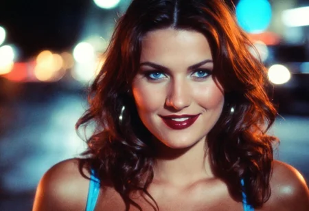CinematicPortrait woman analog photo ((smile cleavage )) brunette (masterpiece) outdoors, (glossy dark lipstick), blue eyes, (nighttime street lights bokeh), tank top, depth of field, soft focus, film grain, (looking at viewer) <lora:CinematicPortraitXL_v3:0.25> <lora:EuroBabe-v4-XL:0.45>
