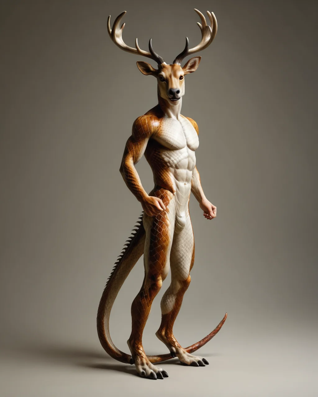 score_9, score_8_up, score_7_up, intricate details, rating_safe,
<lora:SnakeSkinStyle:0.7>,
1boy(solo,
anthro furry, elk with Jed-snkskn, snakeskin,
full body, looking at the viewer, solo, happy), detailed background, depth of field, subsurface scattering,
<lora:ral-chrosc-clr:0.5>, ral-chrosc-clr,
<lora:xl_more_art-full_v1:0.3>,
<lora:add-detail-xl:0.3>