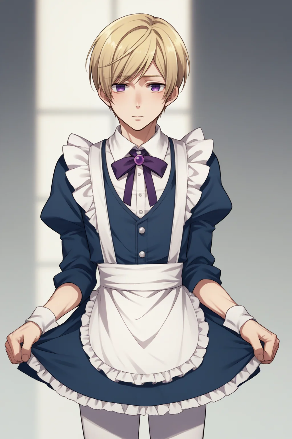 score_9, score_8_up, source_anime, 1boy, male focus, solo, <lora:NSFinlandHetalia:1> NSFinlandHetalia purple eyes, blonde hair, crossdressing, maid uniform