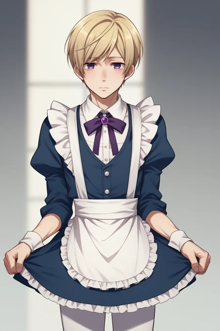 score_9, score_8_up, source_anime, 1boy, male focus, solo, <lora:NSFinlandHetalia:1> NSFinlandHetalia purple eyes, blonde hair, crossdressing, maid uniform