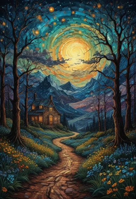art, oil painting, best quality, dark tales, the image displays a vibrant, colorful artwork with large tornado intricate swirls. this design could inspire various products, such as a decorative wall mural or a high quality canvas print for home decoration. the vivid colors and detailed patterns would make it an eye catching centerpiece in any room, bringing a touch of nature and elegance to the space. in the van gogh style, starry sky, dan mumford, andy kehoe, 2d, flat, delightful, vintage, art on a cracked paper, patchwork, stained glass, fairytale, storybook detailed illustration, cinematic, ultra highly detailed, tiny details, beautiful details, mystical, luminism, vibrant colors, complex background