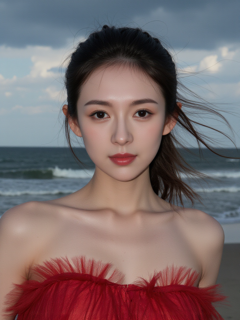 There are wonderful studio lights and various reflections,her thin face is very delicate,
18yo beautiful cute chinese girl with blushing and female orgasm.skin naturally showing the texture of blood vessels and detailed pale skin,
<lora:Zhangzy_f1:1>,she is zhang ziyi,
--, --,This is a surreal Gothic style art photo. She is wearing a red off-shoulder tulle dress. The wind is blowing, and her log hair is fluttering in the wind. It is sunny and rainy, and the heavy rain wets her beautiful face. The background is huge waves and the Tyndall light shining through the clouds.