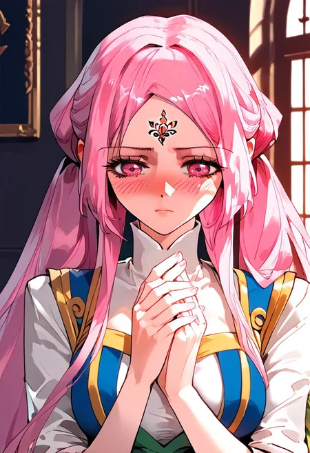 score_9,score_8_up,score_7_up,score_6_up,
source_anime, (best quality), (masterpiece), (extremely detailed), (finely detailed), (detailed face, perfect face, perfect eyes, beautiful detailed shading), (perfect hands), (full colors), blush,
BREAK,
cowboy shot, upper body,
1girl, solo, 纳兰嫣然, pink hair, twintails, long hair, pink eyes, large breasts