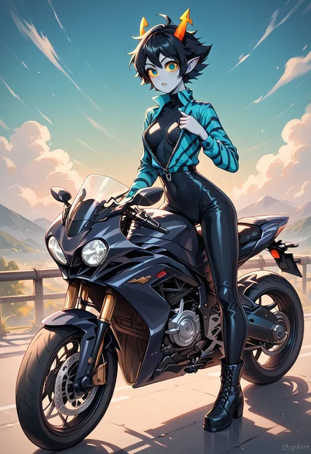 ZPDXL3, score_9, score_8_up, score_7_up, rating_unsafe, solo, masterpiece, female troll, slim, small waist, grey skin, pointy ears, round face, wide eyes, black freckles, black hair, short hair, scruffy hair, turquoise eyes, yellow sclera, straight orange horns, open top black tight leather bodysuit with turquoise stripes, open top motorcycle bodysuit with zipper, military boots, riding motorcycle, cr0tchr0ck3t, motorcycle, ground vehicle, motorcycle,