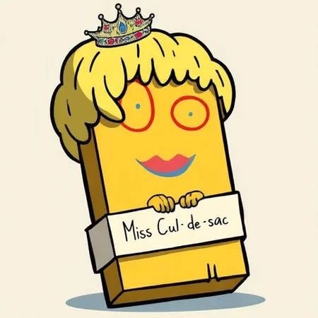 A cartoonish depiction of Plank wearing a blonde wig, a tiara and lipstick. A band running diagonally across his body that reads "Miss Cul-de-sac"