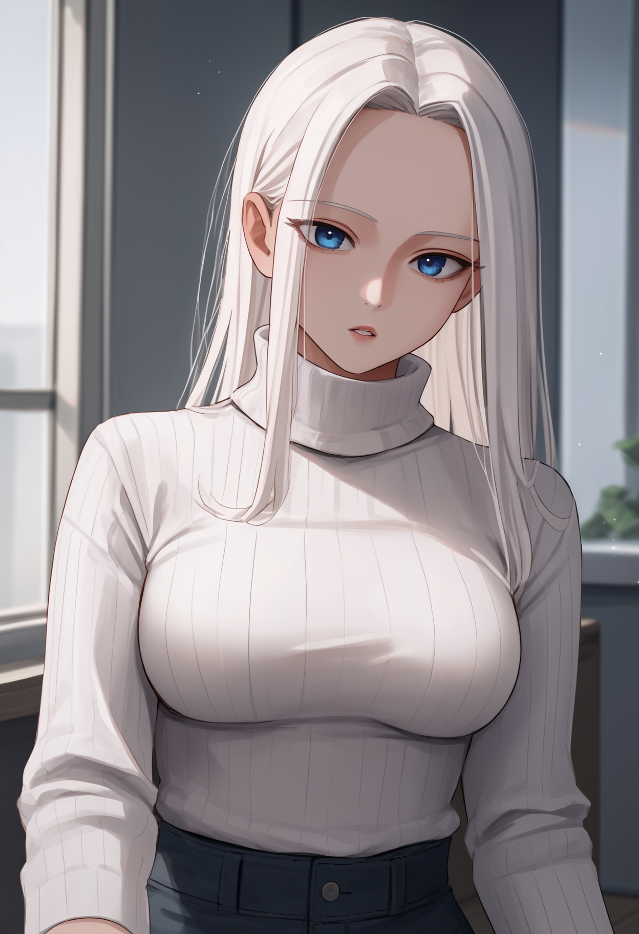 score_9, score_8_up, score_7_up, source_anime BREAK 1girl, solo, <lora:idollocean-nikke-richy-v1_pdxl:1> idllcn, white hair, long hair, parted lips, looking at viewer, blue eyes, breasts, turtleneck sweater, white sweater, ribbed sweater, forehead