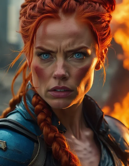 A determined close-up of a woman with fiery red hair tied into a tight braid, her strong jawline and intense blue eyes locked in a fierce stare, her lips set in a resolute line, ready to face any challenge. <lora:usual-portrait-v2:1>