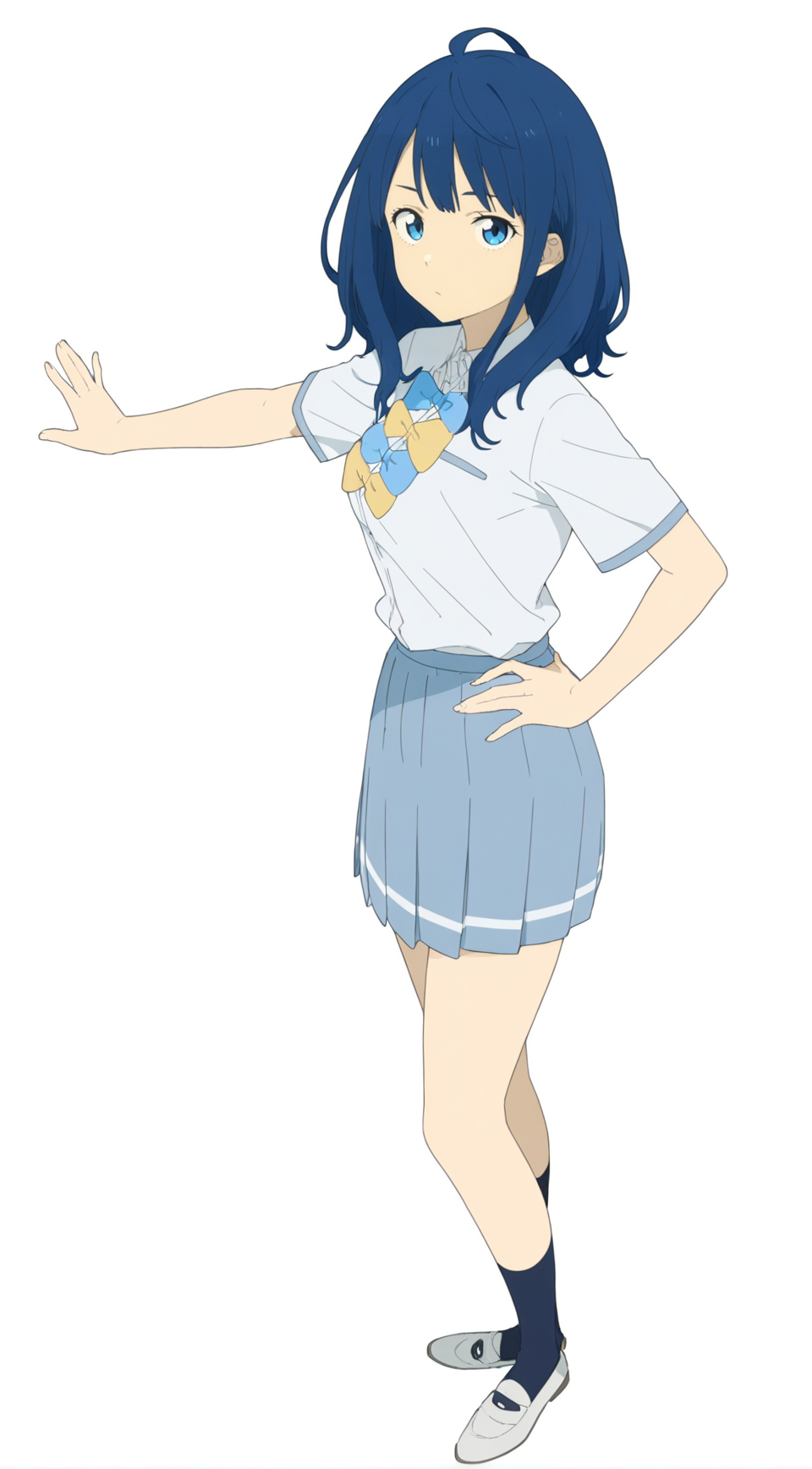 8k, best quality, masterpiece, (ultra-detailed), (high detailed skin), flat color, 
(white background,simple background:1.3), solo, hands on hip, (full body:1.1), looking at viewer, 
<lora:Yanami_Anna-a3-Tanger:0.8>, Yanami Anna, 1girl, blue hair, blue eyes, 
default clothes, socks, white shirt, shoes, short sleeves, blue collared shirt, school uniform,