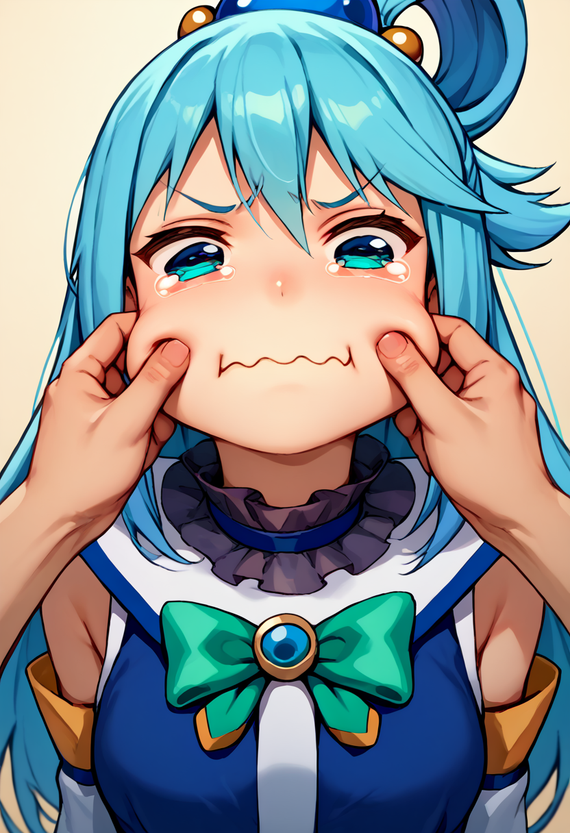 score_9, score_8_up, score_7_up, source_anime, 1boy, cheek pinching, pov hands, <lora:PinchingPOVBothHands_XLPD:1>, upper body, <lora:concept_aquacrying_ponyXL:0.8> aquacrying, wavy mouth, closed mouth, tearing up, aqua \(konosuba\),