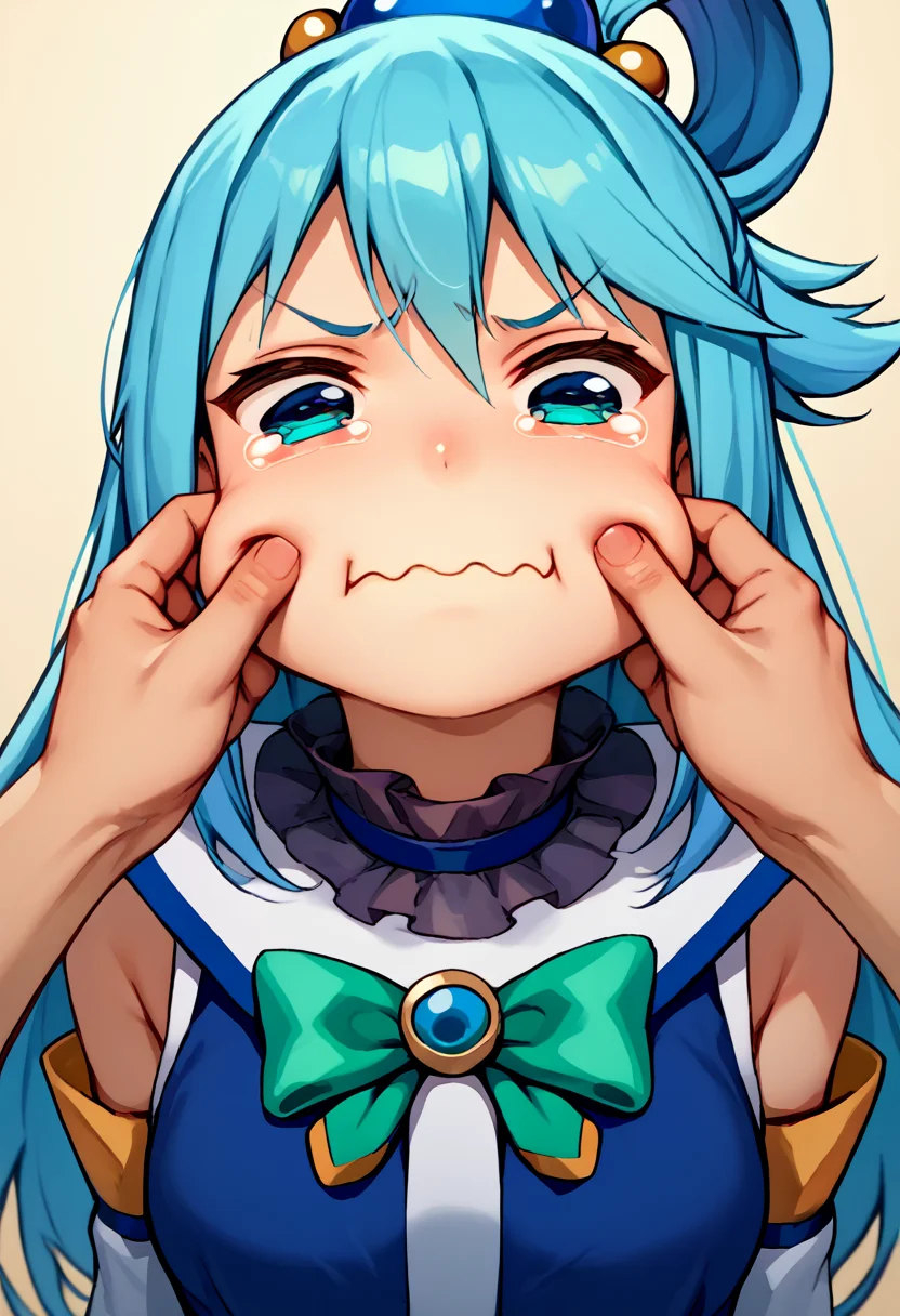 score_9, score_8_up, score_7_up, source_anime, 1boy, cheek pinching, pov hands, <lora:PinchingPOVBothHands_XLPD:1>, upper body, <lora:concept_aquacrying_ponyXL:0.8> aquacrying, wavy mouth, closed mouth, tearing up, aqua \(konosuba\),