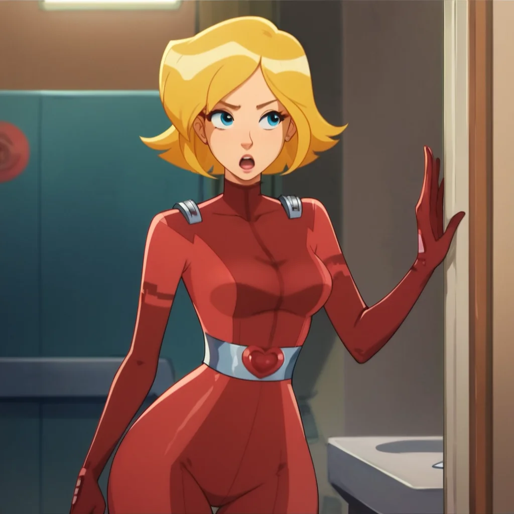 score_9, score_8_up, score_7_up, score_6_up, score_5_up, score_4_up, 1girl, blonde hair, blue eyes, short hair, medium breasts, narrow waist, wide hips, red bodysuit, highres, masterpiece, high quality, <lora:Clover_2024:1>