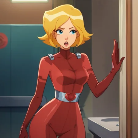 score_9, score_8_up, score_7_up, score_6_up, score_5_up, score_4_up, 1girl, blonde hair, blue eyes, short hair, medium breasts, narrow waist, wide hips, red bodysuit, highres, masterpiece, high quality, <lora:Clover_2024:1>