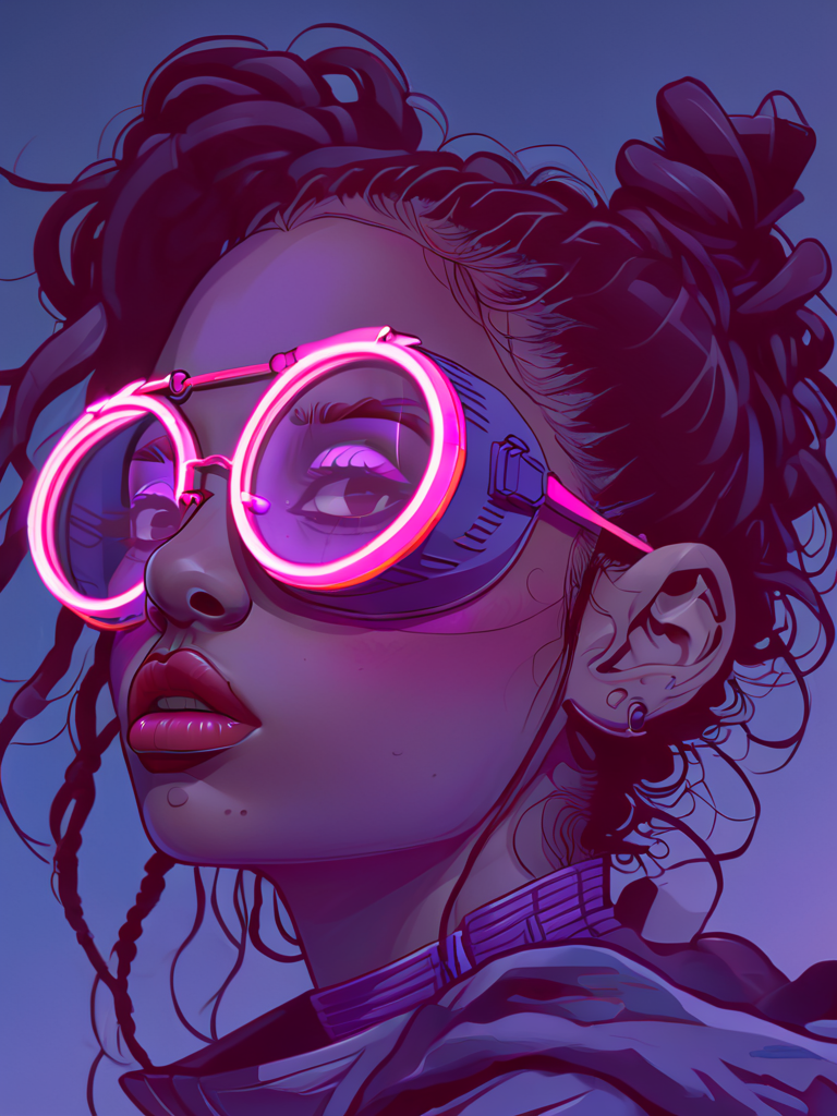 masterpiece,high resolution,<lora:retro-neon-xl-style:1>,
retro_neon, solo, 1girl, goggles, portrait, tinted eyewear, parted lips, dark skin, dreadlocks