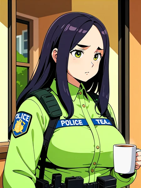 anime, illustration, best quality, (masterpiece:1.4), (high quality:1.4), sharp focus, 4k, absurd resolution, detailed hands, curly hair, long hair, (black hair:1.6), 1girl, mature female, (parted hair:1.7), (round face), (no_bangs:1.3), (no_fringe:1.6), <lora:ETO_OC_XL:0.7>, (thick eyebrows:0.9), (plump:0.8), round-chin, (greenish brown eyes), (brownish green eyes), caucasian, down-turned eyes, 1girl, (forehead:0.65), <lora:swat gear_xl:0.5> swat gear, weapon, (Standing near a window, holding a cup of tea or coffee, lost in thought and relaxation,), gun, uniform, police, rifle, street, officers, soldier, military, officer,