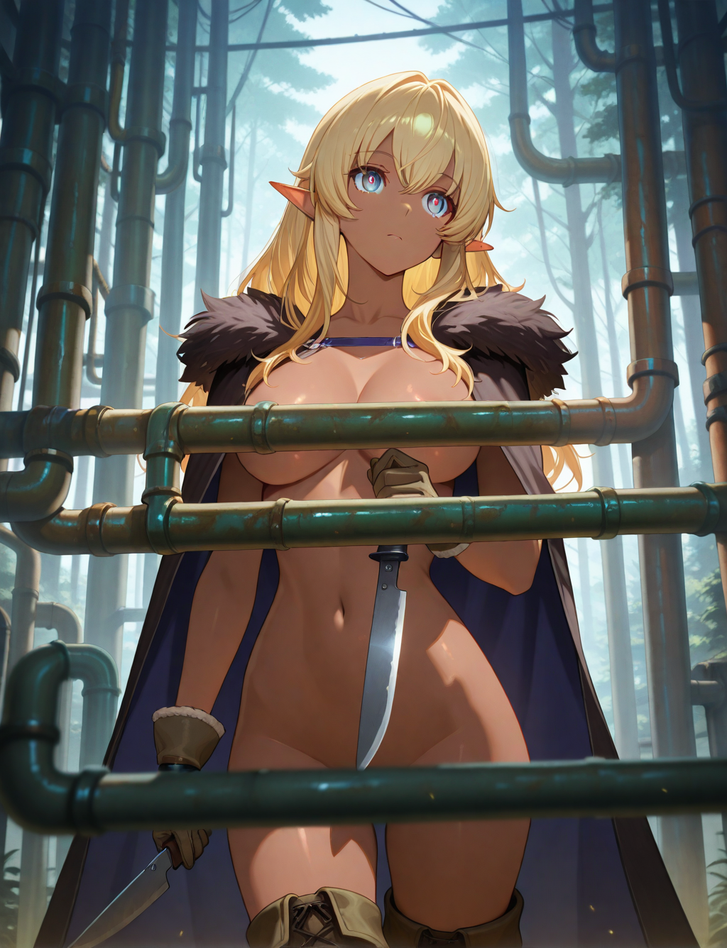 masterpiece,best quality,higres illustration,detailed face,1girl,upper body,long hair,blonde hair,<lora:censorpipe_IL:1>,industrial pipe,convenient censoring,nude,cowboy shot,dark-skinned female,forest,pointy ears,holding knife,fur trim,glove,boots,cape,