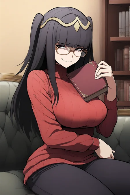masterpiece, best quality, 1girl, solo, <lora:fetharja-illu-nvwls-v1-000005:1> dfThja, black hair, black eyes, two side up, tiara, red sweater, turtleneck, glasses, sitting, black pants, large breasts, holding book, bookshelf, couch, smile, furrowed brow, looking at viewer, anime coloring