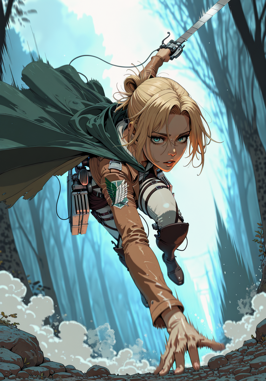embedding:IllusP0s, s0larpunk, annie leonhart_\(shingeki no kyojin\), 1girl, solo, airborne, dynamic angle, dynamic pose, action shot, in air, flying, three-dimensional maneuver gear, grappling, forest, dual wielding, holding sword, ((foreshortening)), (fisheye effect) dramatic lighting, dark lighting, contrast lighting, solo, 1girl, (((motion blur, depth of field, steam, blurry background))), holding weapon, night, parted lips, full body, acrobatic, looking at viewer, outdoors, alleyway, spinning, graceful, green cape, night,<lora:s0larpunk.safetensors:1.0:1.0>