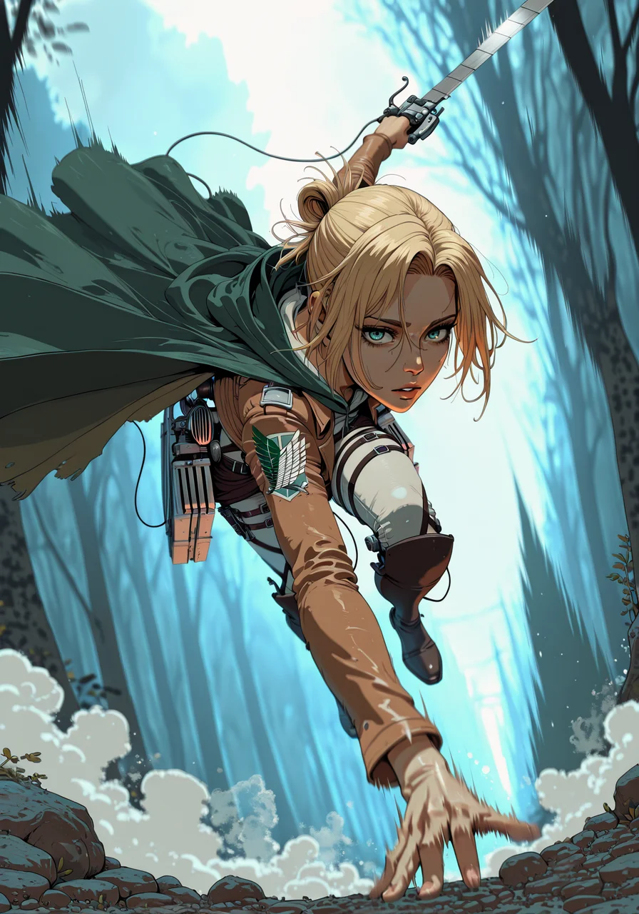 embedding:IllusP0s, s0larpunk, annie leonhart_\(shingeki no kyojin\), 1girl, solo, airborne, dynamic angle, dynamic pose, action shot, in air, flying, three-dimensional maneuver gear, grappling, forest, dual wielding, holding sword, ((foreshortening)), (fisheye effect) dramatic lighting, dark lighting, contrast lighting, solo, 1girl, (((motion blur, depth of field, steam, blurry background))), holding weapon, night, parted lips, full body, acrobatic, looking at viewer, outdoors, alleyway, spinning, graceful, green cape, night,<lora:s0larpunk.safetensors:1.0:1.0>