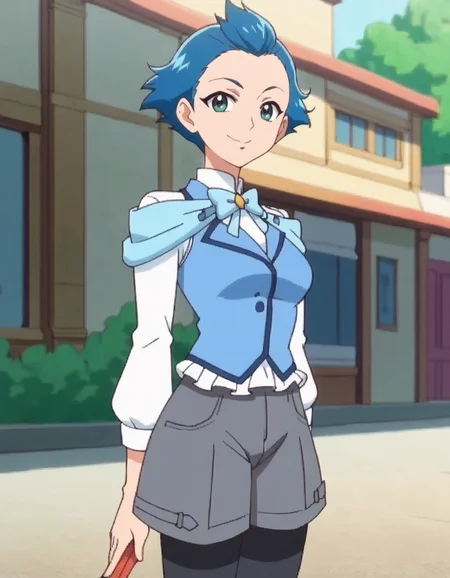 score_9, score_8_up, score_7_up, anime screencap, solo,1girl,junmd, blue hair, pantyhose, short pants, black pantyhose, looking at viewer,smile,cowboy shot,medium breasts,wide hip,<lora:junmd_pony:0.8>