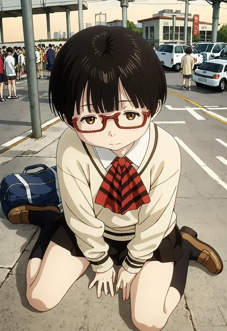 <lora:Hyper-SDXL-8steps-lora:1> <lora:Fixhands_anime_bdsqlsz_V1:1> zPDXL2, score_9, score_8_up, score_7_up, source_anime, intricate details, perfect anatomy BREAK
outdoors, city, tokyo, japan, audience, crowd, sitting, from above, barefoot, looking up,arms between legs, Relieved, Mouth turned up slightly, eyes wide open, and a relaxed jaw., 1girl, solo, solo focus,
<lora:dededede-koyama_kadode_XL(pony)v10:1> dededede-kadode, black hair, short hair, brown eyes, glasses, school uniform, ascot, yellow sweater, black skirt, black socks, brown shoes,