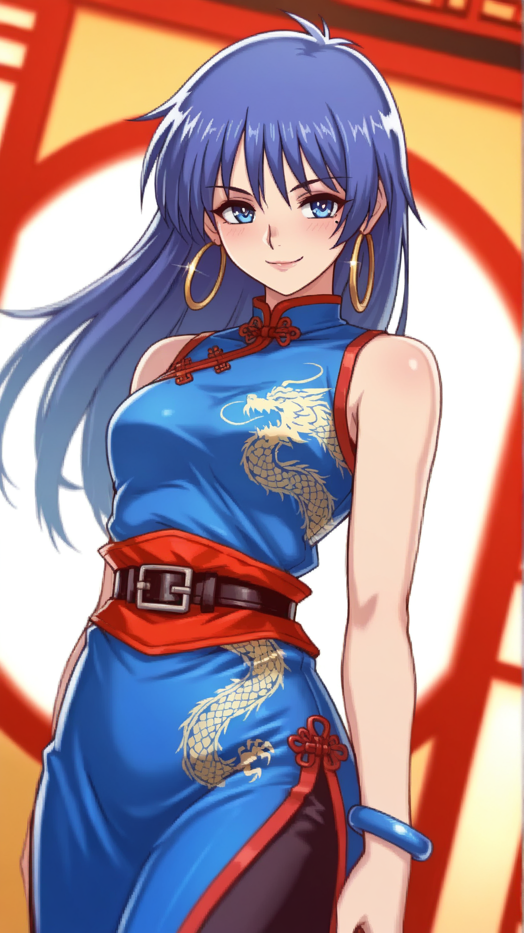 source_anime, general, best quality, masterpiece, 1girl,  <lora:shante_ill:1> shante\(arkthelad\),arc the lad, blue eyes, blue hair, jewelry, hoop earrings, blue bracelet, china dress, dutch angle, dynamic pose, seductive smile, (embarrassed:0.7),
