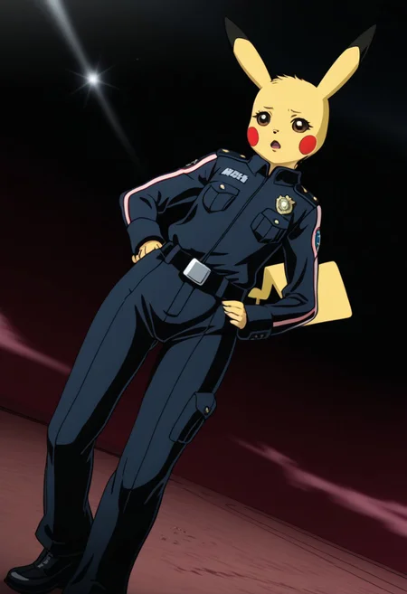 Pikachu , military suit, space police, animation, 1girl, perfect body, side biew, from angle, pose, surprized