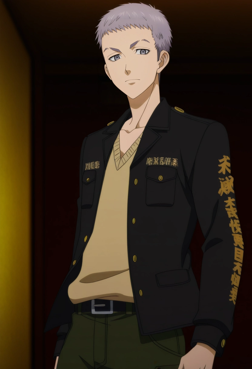 masterpiece, best quality, , anime screencap, anime coloring, official style, looking at viewer, 1boy, solo, male focus, <lora:takashi_mitsuya_ilxl:0.94>, takashi_mitsuya, grey hair, grey eyes, short hair, , gakuran, black jacket, uniform, , Cargo pants, Voile Aztec Lilac Polo sweater vest, , ,