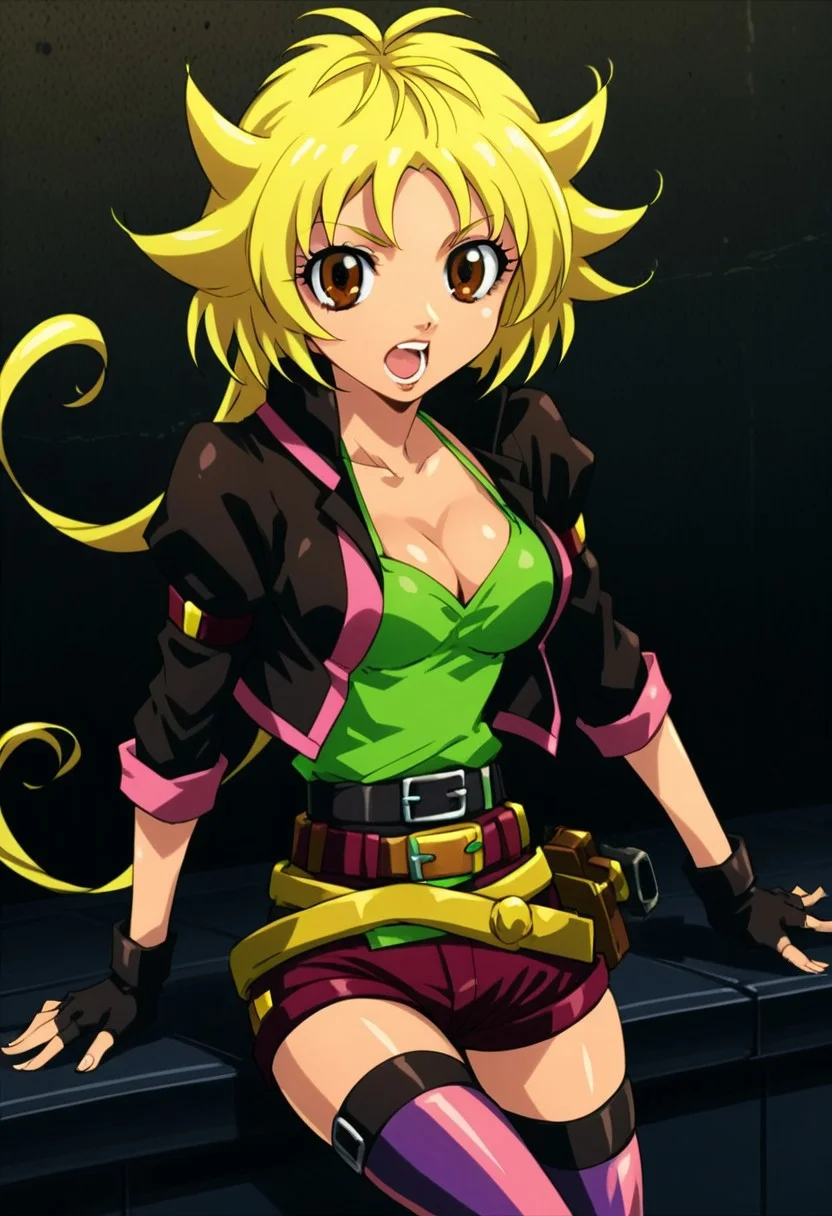 score 9, score 8 up, score 7 up, beyblade shogun steel, ren kurenai, 1girl, solo, blonde hair, thighhighs, brown eyes, gloves, fingerless gloves, belt, breasts, cleavage, shorts, open mouth