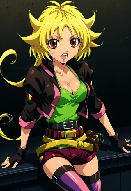 score 9, score 8 up, score 7 up, beyblade shogun steel, ren kurenai, 1girl, solo, blonde hair, thighhighs, brown eyes, gloves, fingerless gloves, belt, breasts, cleavage, shorts, open mouth