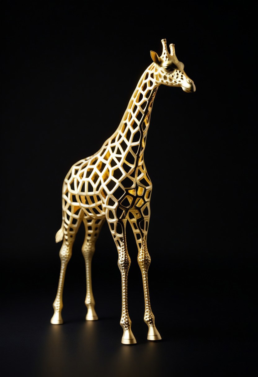 8K analog photo, 3d printed gold giraffe Statue made of Lattice Structure, WhiteMold, Walking, dark background, minimalist,