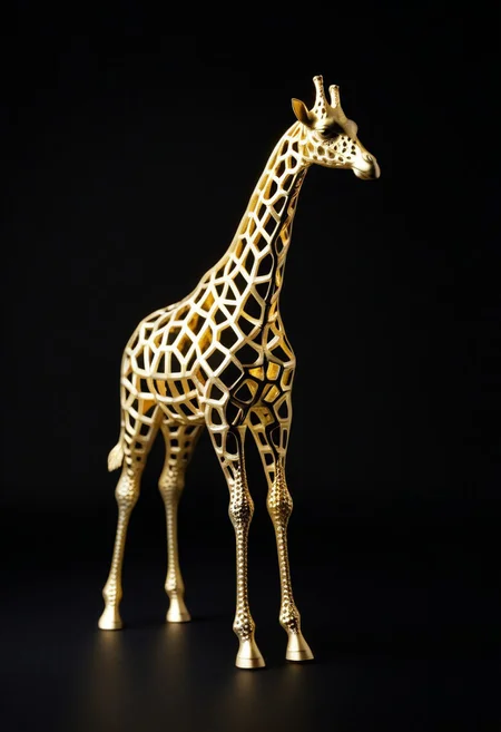 8K analog photo, 3d printed gold giraffe Statue made of Lattice Structure, WhiteMold, Walking, dark background, minimalist,