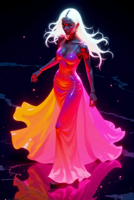 Glo-fi Art Style, A digital painting featuring a (from above, isometric view:1.3) of a semi-realistic beautiful slender young Austrian female character Alexandra, dances faintly, gracefully in dynamic pose, her glowing white long hair highlighting her face and skin with white light, flowing in soft waves as if moved by a gentle breeze. (She has a fair, almost ivory skin tone). She wears a (long sleek flowing dress that appears to glow brightly in hues of bright white at the top and hair, saturated fiery orange in the middle and glowing white bottom of the hem), creating a vibrant gradient of glowing colors against the dark immensity of cosmos with tiny stars background . Very dim lighting, dark environment. Her long sleek brightly glowing glossy dress appears to radiate light illuminating polished dark marble below. Her body posture is confident and elegant. Her expression is calm with a (gentle smile:1.2). The overall neon lighting effect and the soft yet vibrant color transitions create a futuristic and dreamlike atmosphere., dynamic, dramatic, vibrant colors, glo-fi art style. <lora:DGLO_style_v.6:0.99>