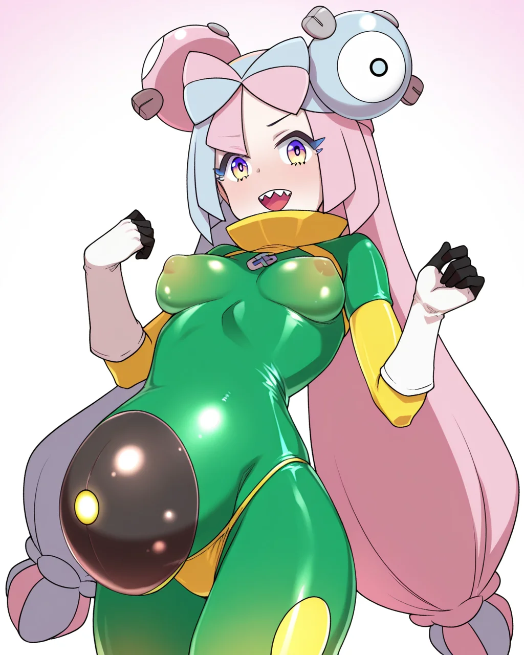 1girl, solo, iono \(pokemon\),two-tone hair,pink hair,blue hair,low-tied long hair,character hair ornament,bow-shaped hair,pink eyes, alternate costume, pokemon fusion, fusion, mind control, bellibolt \(cosplay\), green bodysuit, yellow panties, white gloves, black finger, covered nipples, kusano houki, looking at viewer, upper body, simple background, white background, masterpiece, best quality, very aesthetic, absurdres