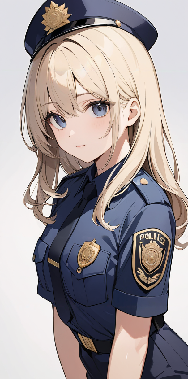 masterpiece,ultra-detailed,best quality,8K,illustration,cute face,clean skin ,shiny hair,girl,ultra-detailed-eyes,simple background, <lora:add-detail-xl:1>  <lora:police_XL_V1.0:1> police, police uniform