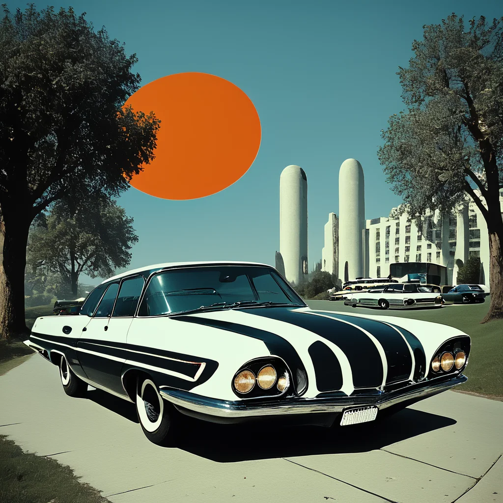 Score_9, score_8_up, score_7_up, score_6_up, BREAK  <lora:Abstract_Retro_Future_MoviePony:1> ArsMovieStill, Movie still from an abstract retro future movie, The image is a digital illustration of a black vintage car parked on a checkered floor. The car is in the center of the image with a large orange circle in the background. The background is a gradient of blue and orange with trees and buildings on either side of the car. The sky is a deep blue and the sun is shining brightly in the top right corner. The overall color scheme is predominantly blue orange and black with some hints of white and gray. The image has a retro and vintage feel to it., car, vehicle focus, motor vehicle, no humans, ground vehicle, sports car, tree, outdoors