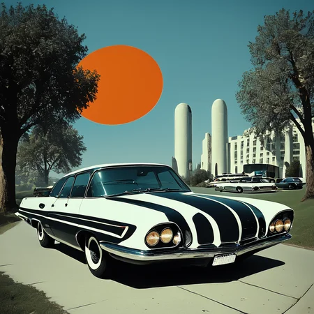 Score_9, score_8_up, score_7_up, score_6_up, BREAK <lora:Abstract_Retro_Future_MoviePony:1> ArsMovieStill, Movie still from an abstract retro future movie, The image is a digital illustration of a black vintage car parked on a checkered floor. The car is in the center of the image with a large orange circle in the background. The background is a gradient of blue and orange with trees and buildings on either side of the car. The sky is a deep blue and the sun is shining brightly in the top right corner. The overall color scheme is predominantly blue orange and black with some hints of white and gray. The image has a retro and vintage feel to it., car, vehicle focus, motor vehicle, no humans, ground vehicle, sports car, tree, outdoors