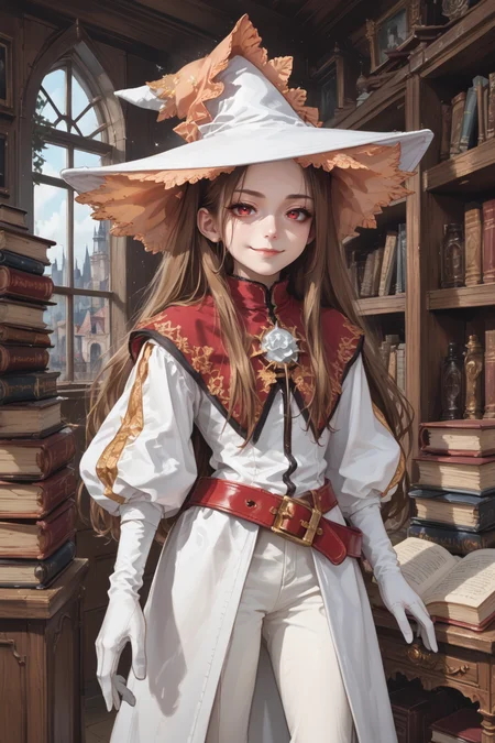 score_9, score_8_up, score_7_up, source anime, <lora:backgroundsetXL:0.3> , indoors, interior, BREAK, solo, <lora:RosaryEsmeraldaPonyXL:0.65> , RosaDef, brown hair, long hair, red eyes, white witch hat, white dress, red belt, juliet sleeves, white gloves, white pants, ((cowboy shot)), <lora:ph4nt0m01lXLP:0.6> , ph4nt0m01l, ((witch)), potions, castle background, window, wisps, shelves, books, bookshelves, clutter, detailed background, runes, magic, ghostly, looking at viewer, smug, smirk, grin, closed mouth, long sleeves,