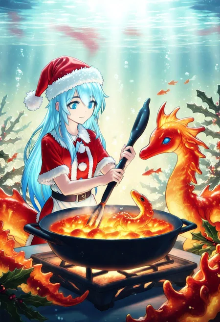 masterpiece, best quality, high quality, good quality, boy, long hair, blue eyes, blue hair, animal, Seahorses, christmas animals, cooking, underwater, glowing corals, festive ambiance, bioluminescence, holiday theme, detailed, intricate details, dynamic lighting, festive accessories, Santa hats, christmas animals, d2j3m0x