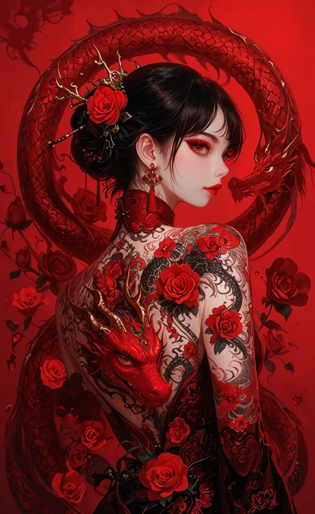 1girl, solo, looking at viewer, black hair, hair ornament, jewelry, upper body, flower, earrings, looking back, hair flower, hair bun, from behind, lips, tattoo, makeup, rose, red flower, red background, dragon, red lips, red theme, dragon print, eastern dragon, back tattoo, full-body tattoo