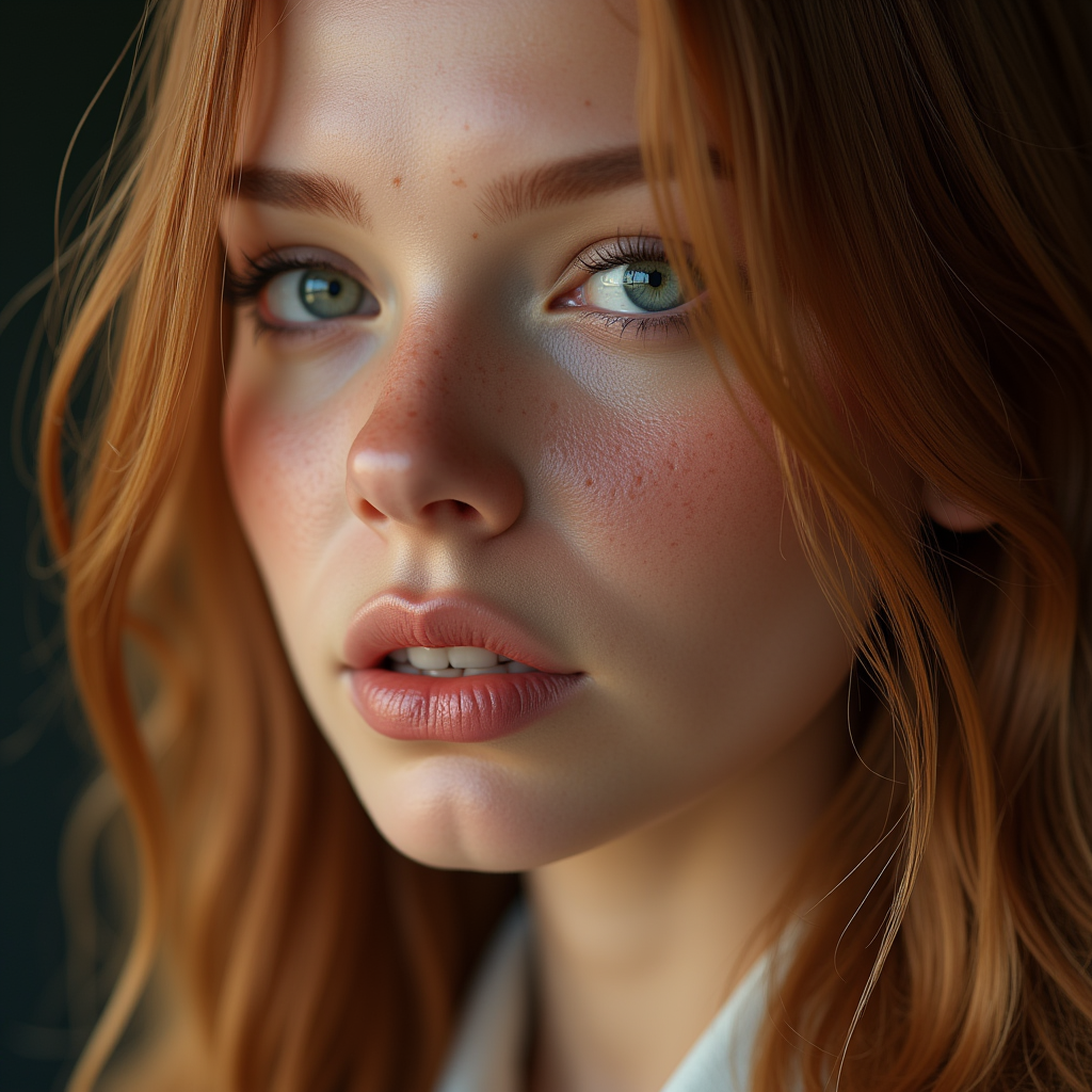 Hyperrealistic art of  <lora:detailed photorealism style v3:1>
detailed photorealism style, hyperrealism art style, realistic textures, photorealistic style, Hyperrealism (visual arts), A cinematic skin texture style still image of a close up of a woman with balanced freckles on her face, detailed skin pore, film still, still photography style, sharp style, detailed style, perfect style, perfection style, Kodak film skin tone style, fujifilm skin tone style, professional photography style, skin textured, skin texture style, 1girl, solo, looking at viewer, blue eyes, blonde hair, parted lips, teeth, lips, eyelashes, scar, portrait, close-up, freckles, realistic, nose, eye focus, brown hair, orange hair, traditional media, long hair, realistic skin style, Extremely high-resolution details, photographic, realism pushed to extreme, fine texture, incredibly lifelike