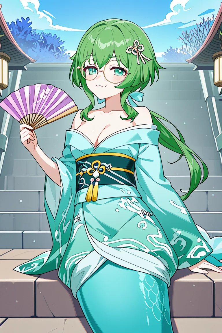 score_9, score_8_up, score_7_up, score_6_up, high resolution, gorgeous, absurdres, best quality, anime screencap, source_anime, (genshin impact), official art, 1girl
BREAK
detailed background, smug, hand fan, folding fan
BREAK
,Coda,green hair, green eyes, long hair,ponytail, hair ribbon, glasses,medium breasts, monster girl, mermaid,mermaid tail, green tail,:3,single fang, kimono, off shoulders, obi, sash, hair ornament, cleavage