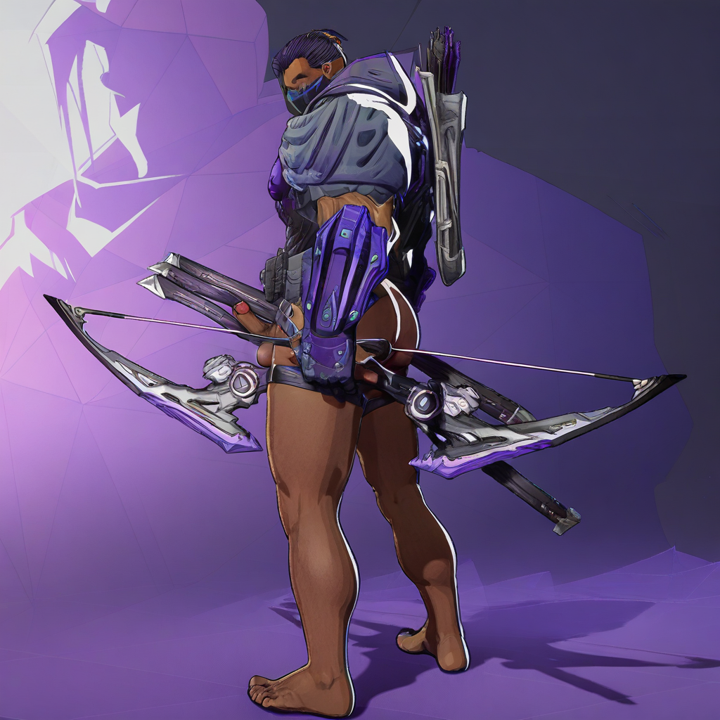 Hawke1ye1, quiver, dark-skinned male, mouth mask, testicles, 1boy, holding bow (weapon), full body, rifle, bara, hood