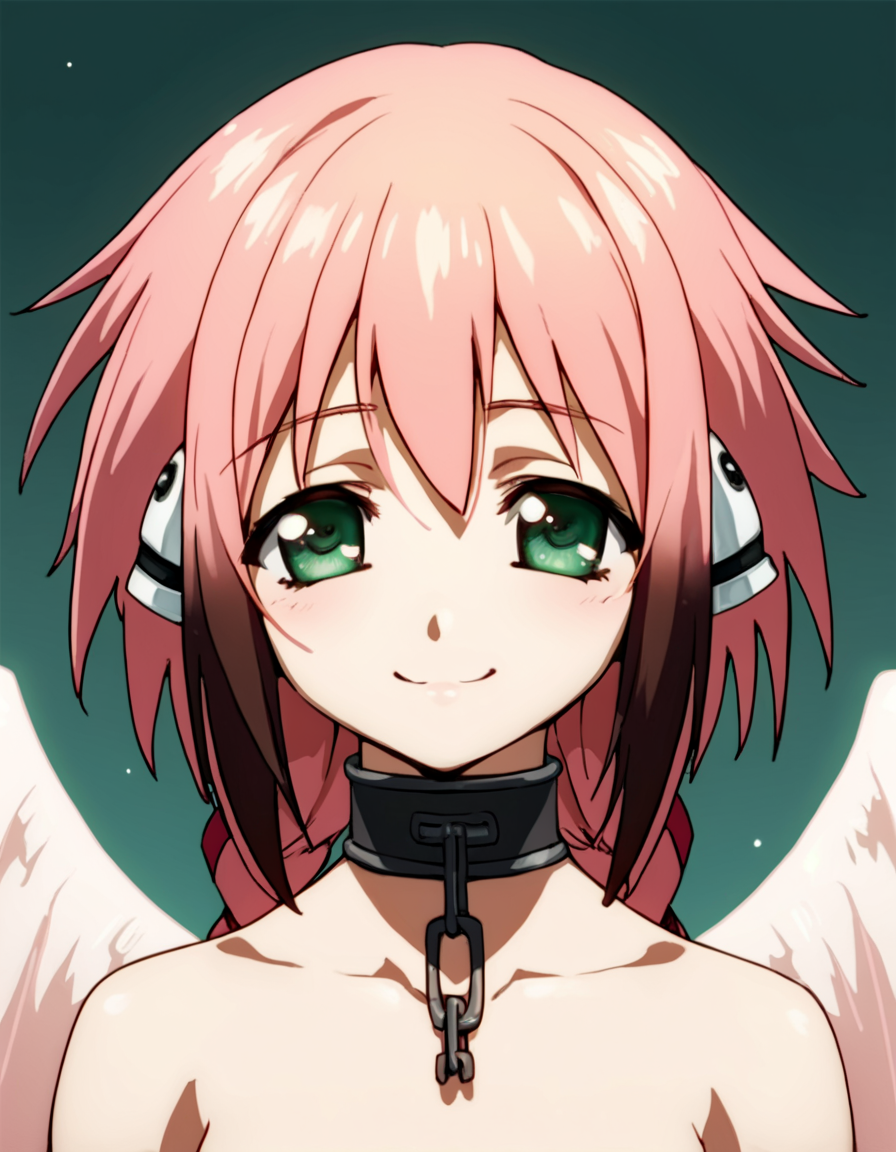 score_9, score_8_up, score_7_up, score_6_up, score_5_up, score_4_up, source_anime,  Ikaros, green eyes, pink hair, wings, collar, , portrait, soft smile