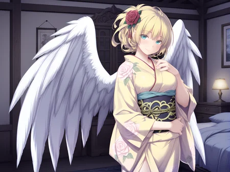 agnes,print kimono,rose,blonde hair,aqua eyes,standing,angel,wings,feathered wings,<lora:Agnes_-_Sankai_Ou_no_Yubiwa_Illustrious:1.1>,bedroom,cowboy shot,looking at viewer, smile,, masterpiece,best quality,amazing quality,