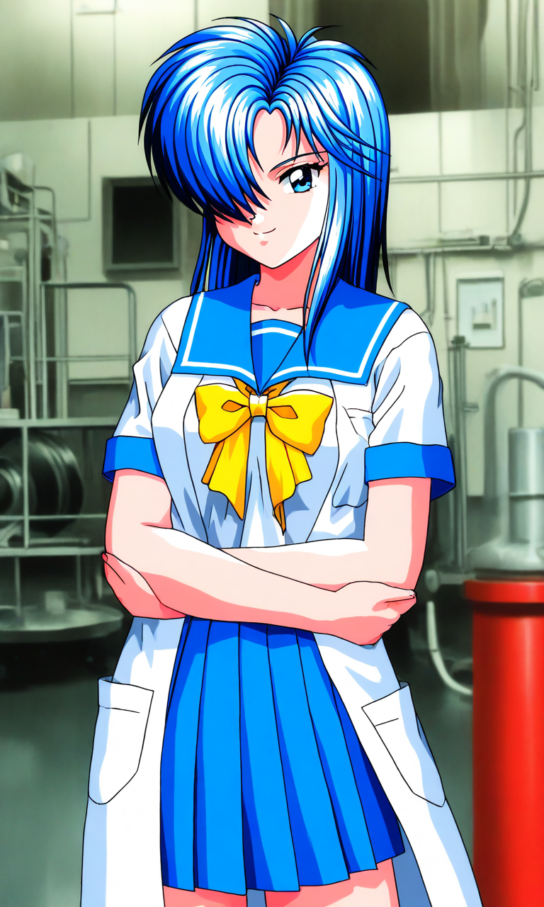 general,highres, ultra-detailed,very aesthetic,best quality ,best hands, BREAK  <lora:Himoo_Yuina_Tokimeki_Memorial_IS:1>
Himoo_Yuina(Tokimeki_Memorial), 1girl, solo, blue hair, hair over one eye, blue eyes, long hair, breasts,  smile,
cool face, cross arms. lab coat, 
blue school uniform, serafuku, jewelry, yellow bow, Yellow bow, blue skirt, blue sailor collar, white shirt, 
pleated skirt, short sleeves, 
factory, mechanic,