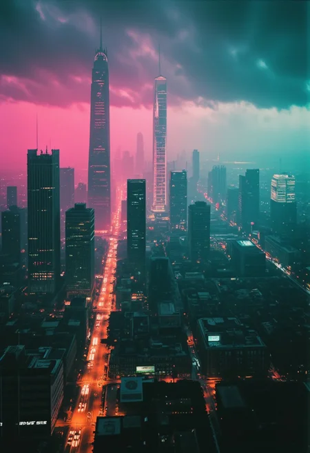 lith_mimosa_kiel_grw134_FLUX, From high above, the Blade Runner-inspired megacity sprawls beneath a thick layer of fog and rain, extending endlessly to the horizon. Towering skyscrapers with neon-lit façades pierce through the mist, their holographic billboards flickering in shades of pink, green, and electric blue. Streams of light weave through the streets like rivers of color, guiding automated vehicles along rain-slick roads far below. Massive, angular buildings rise and fall in chaotic clusters, each layer of the city adding to its dense, labyrinthine complexity. The air is heavy with pollution, creating a hazy glow that blurs the distant edges of the metropolis, where the city’s reach seems to dissolve into an endless sea of lights. As the neon glow blends with the rain-smeared atmosphere, it paints the entire landscape in a surreal, moody palette—a vision of a vast, technologically vibrant yet eerily lifeless world.