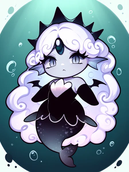 score_9, score_8_up, score_7_up,
1girl, solo, black dress, grey skin, grey eyes, eyelashes, white hair, black elbow gloves, head fins, dot eyes, wide hips, black pearl, black forehead jewel, no nose, chibi, mermaid,
<lora:black_pearl_cookie:1>