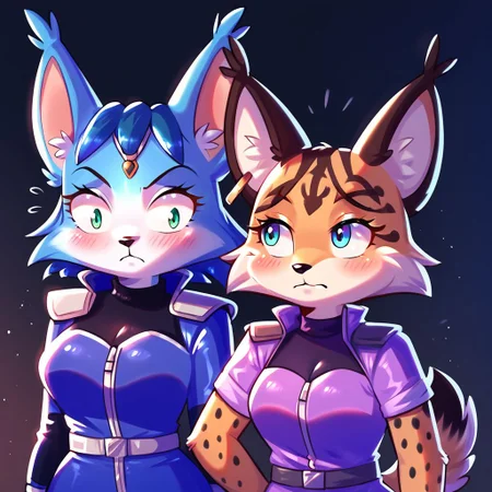 score_9, score_8_up, score_7_up, score_6_up, high quality, detailed, great lighting, beautiful, masterpiece, 4k, duo, BREAK
Krystal, anthro fox, fox girl. blue fur, white muzzle, blue hair, blue jumpsuit, BREAK
Miyu Swift, anthro lynx, lynx girl, tan fur, brown ears, purple jumpsuit, BREAK
2girls, ((nervous)), worried, surprised, standing, anthro, curvy, clothed, open jacket, awkward, frown, side by side,