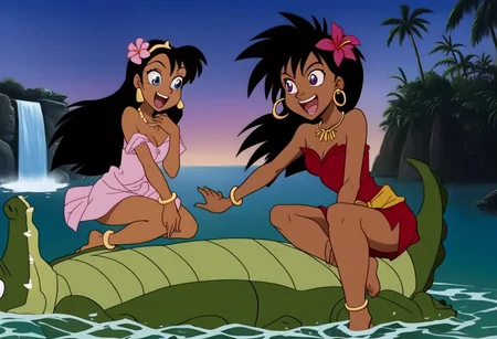 Tick tock crocodile,male animal focus,tail, crocodile open large mouth ,green skin, blue eyes, Tick Tock the crocodile is giant and very huge size,teeth, swimming in water,partially submerged,Tick Tock the crocodile looking at a young girl who she is sitting on rock cliff. Little_Girl_anime_manga,long hair, black hair, dark-skinned female,the girl her very smal size, purple eyes, et egyptian_clothe, chest_band,pink very long_tropical_dress, jewelry, dark skin, smile, necklace,hair flower, bracelet, anklet_grass, barefoot,open mouth,river,palm trees, jungle,temple, Disney, waterfall,anime, manga