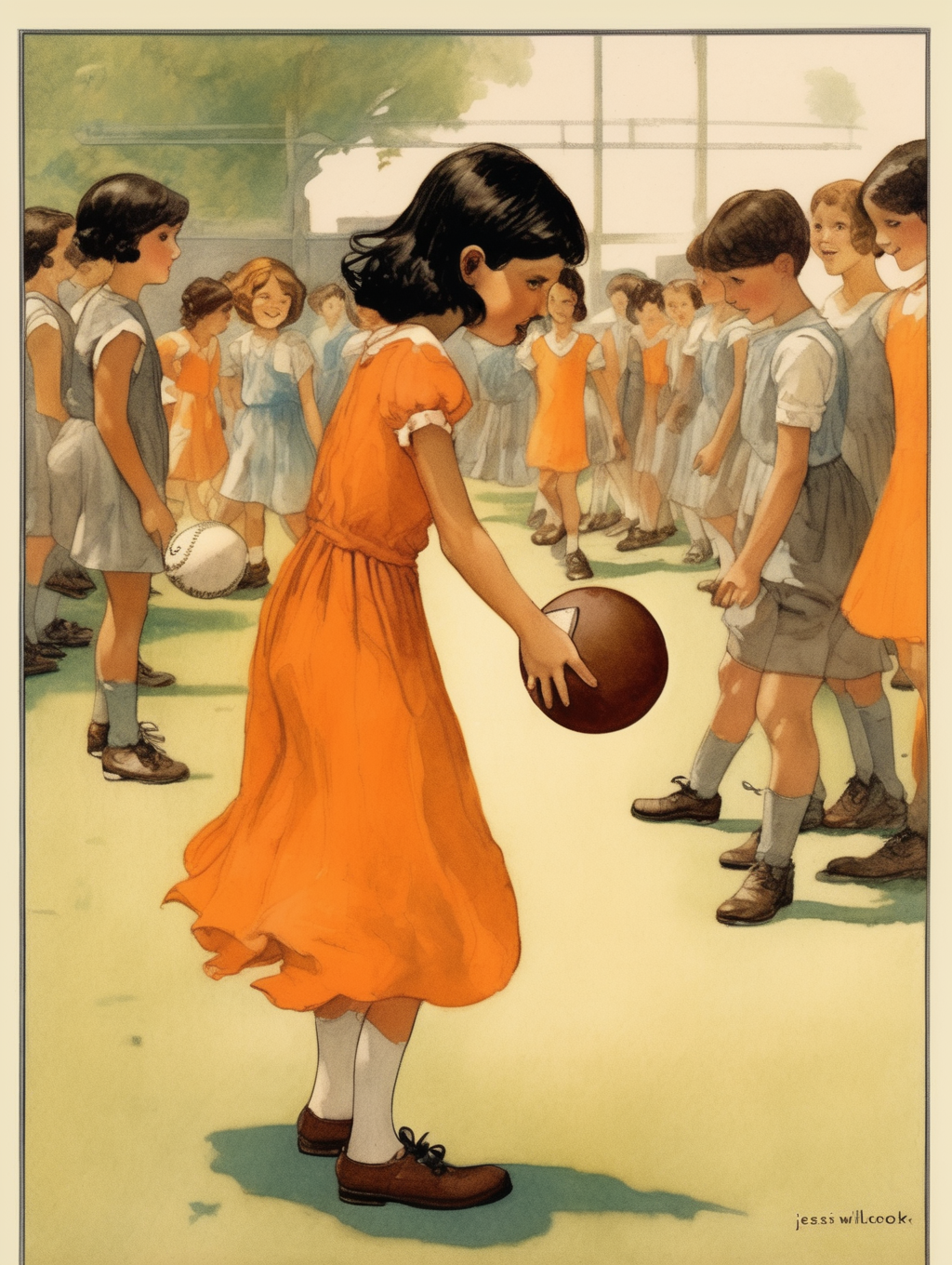 <lora:Jessie Willcox Smith Style:1>Jessie Willcox Smith Style - a girl of 8 years, black hair, orange dress, brown shoes, eyes shining with curiosity, in school, play ball with friends, bright and courageous, brave, bright smile, in style of Randolph Caldecott book illustration